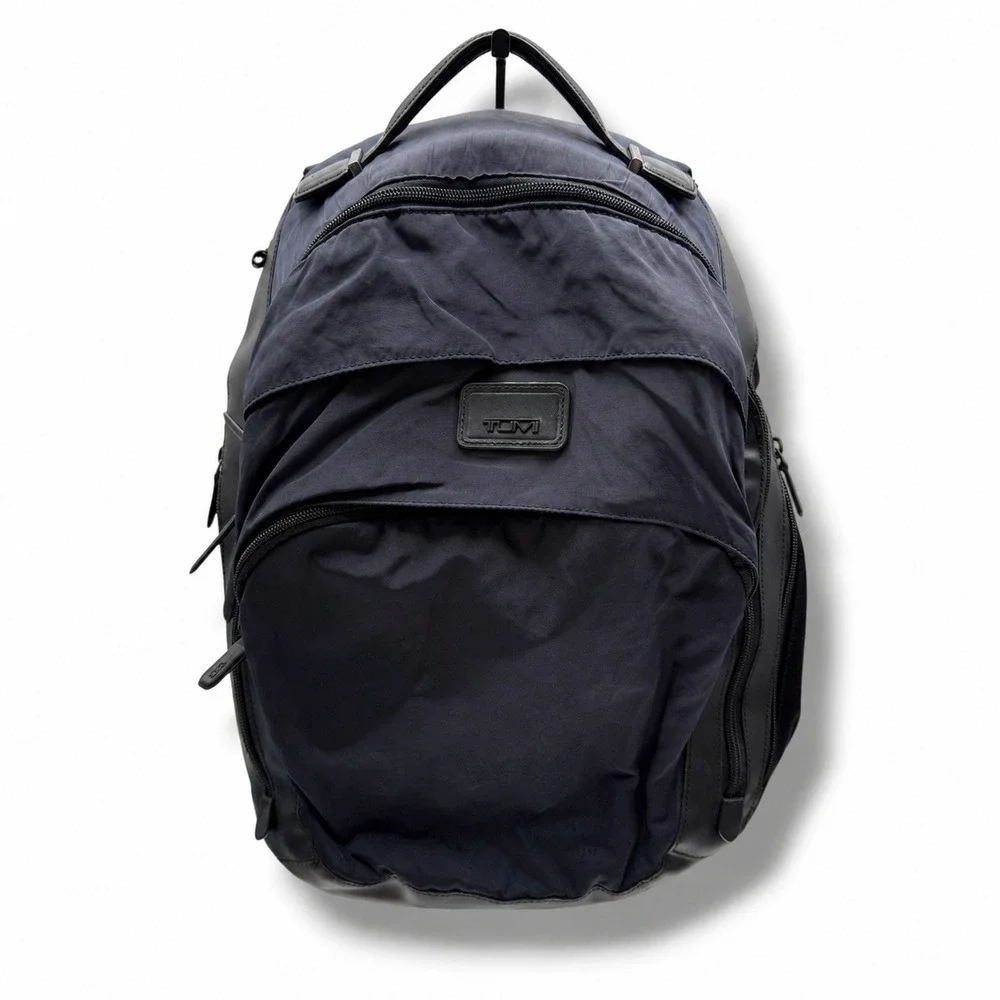 TUMI Harrison Backpack Navy Blue Nylon Black Leather Laptop Travel Business